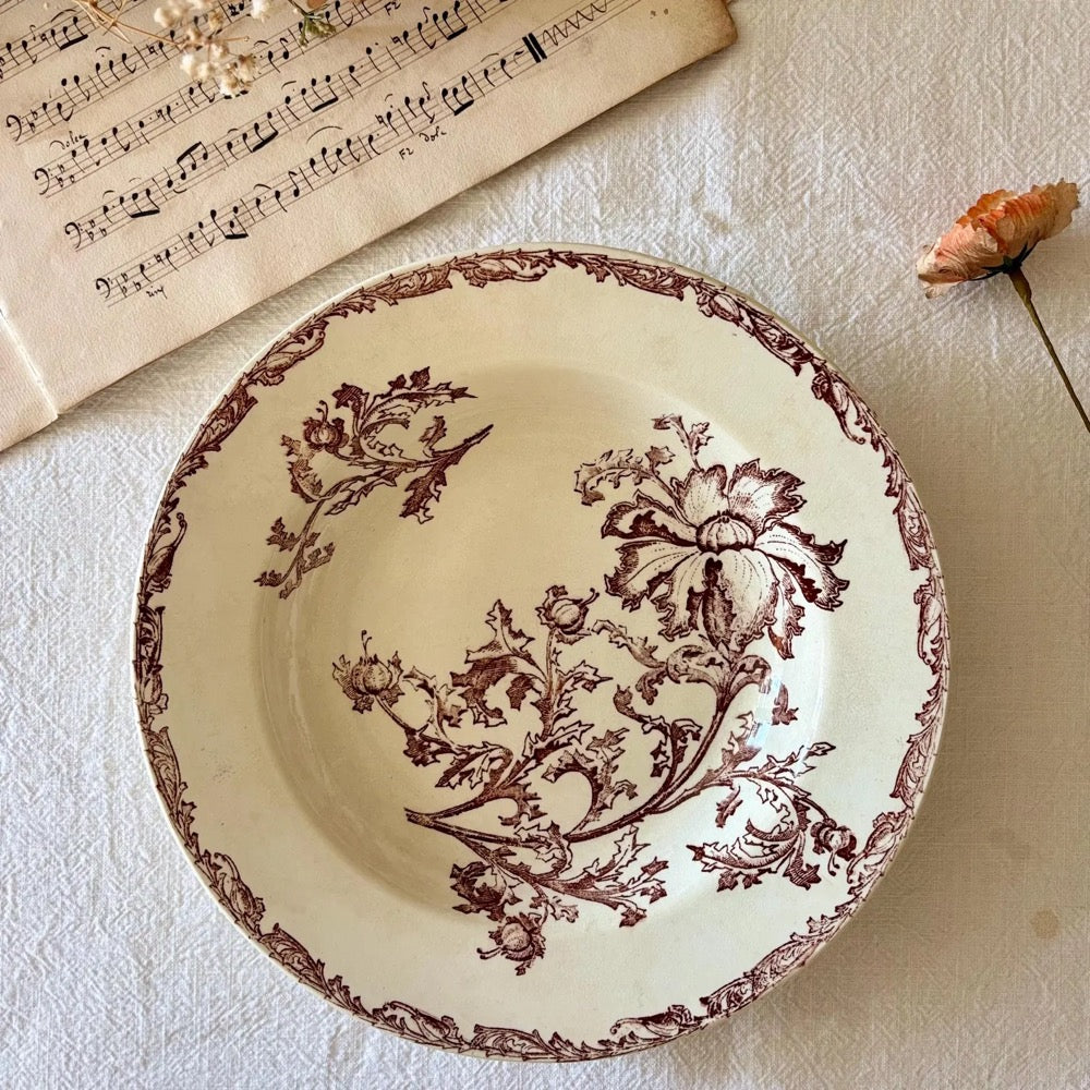 Superb old ironstone deep plate with plant frieze and floral decoration in the background, sepia color, Jules Vieillard Bordeaux