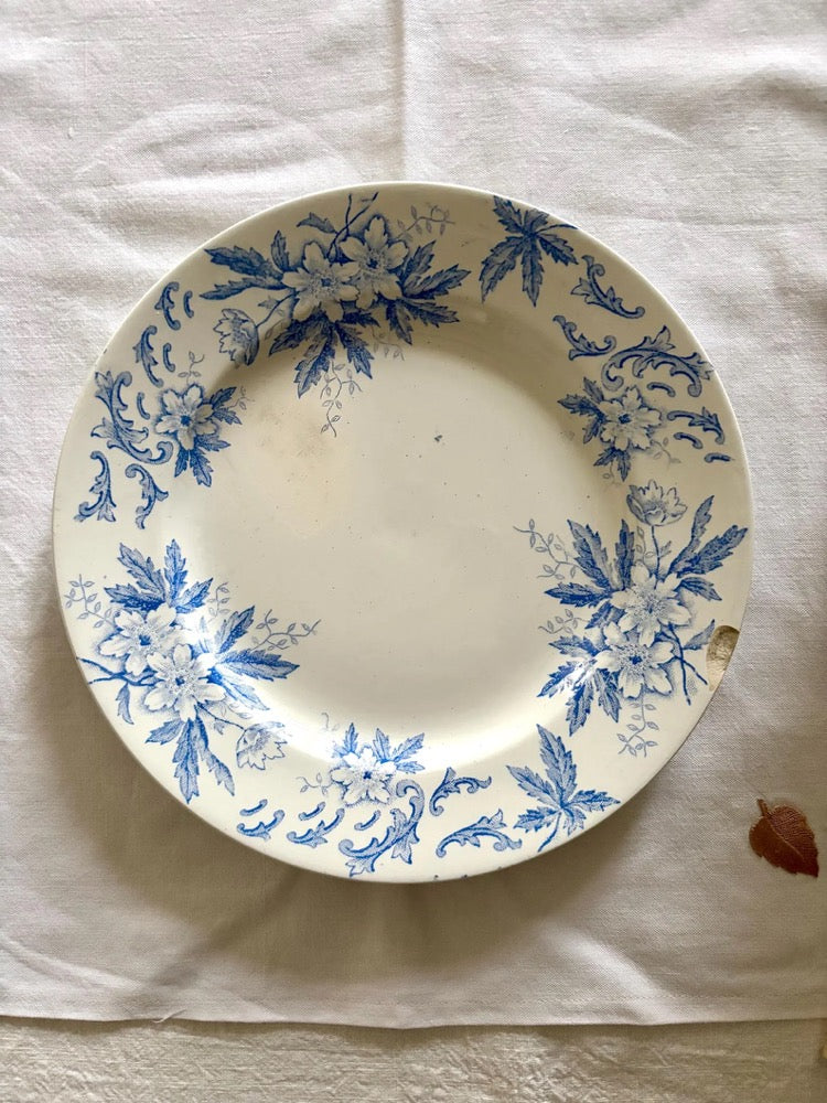 Set of Three Antique French Mismatched Terre de Fer Plates with Flaws – Blue & Sepia Transferware – Saint Amand, Sarreguemines, Gien