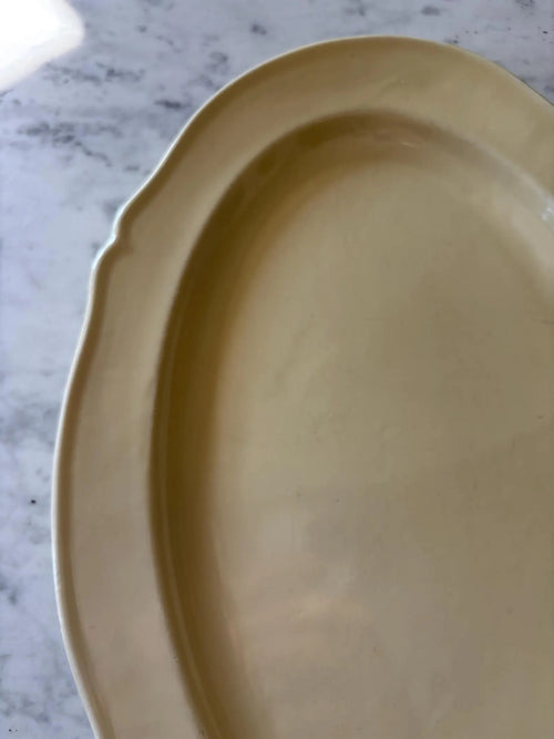 Antique French Gien oval serving platter, creamware ironstone dish, scalloped edge, farmhouse tableware.