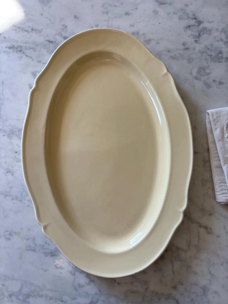 Antique French Gien oval serving platter, creamware ironstone dish, scalloped edge, farmhouse tableware.