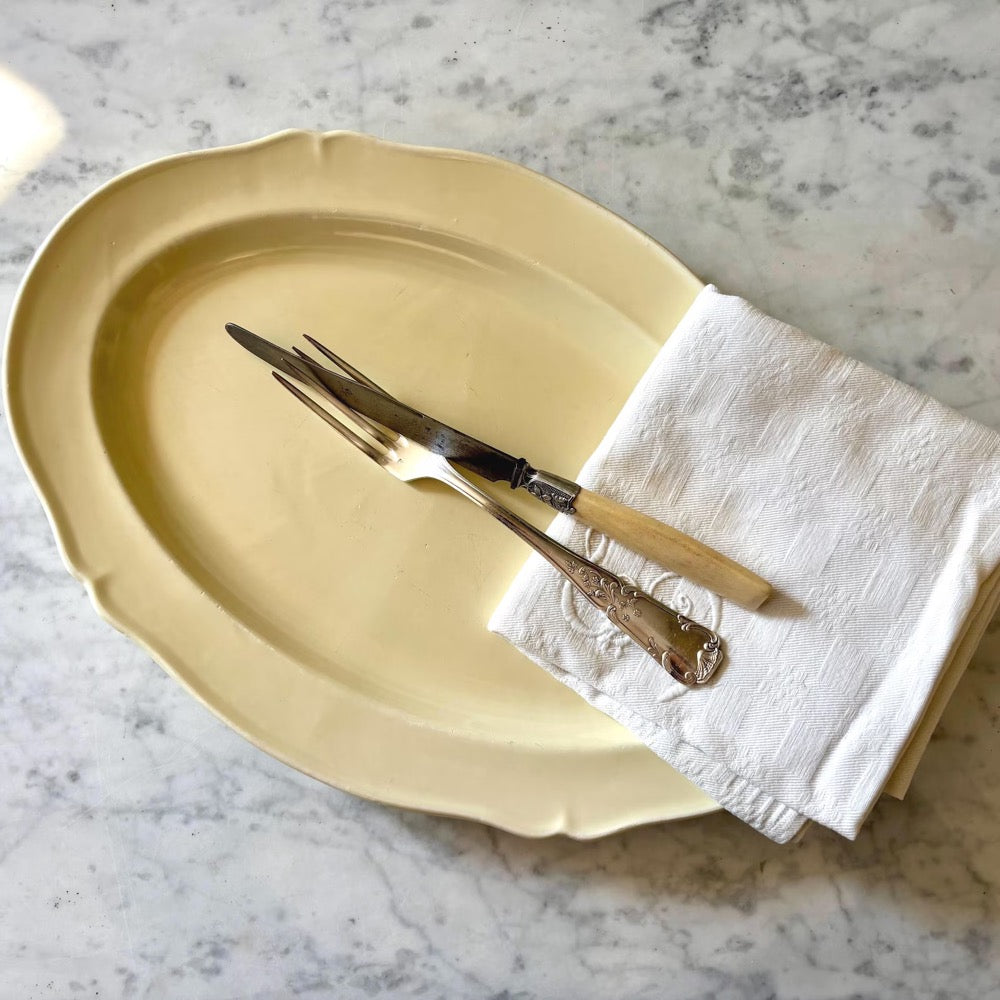 Antique French Gien oval serving platter, creamware ironstone dish, scalloped edge, farmhouse tableware.