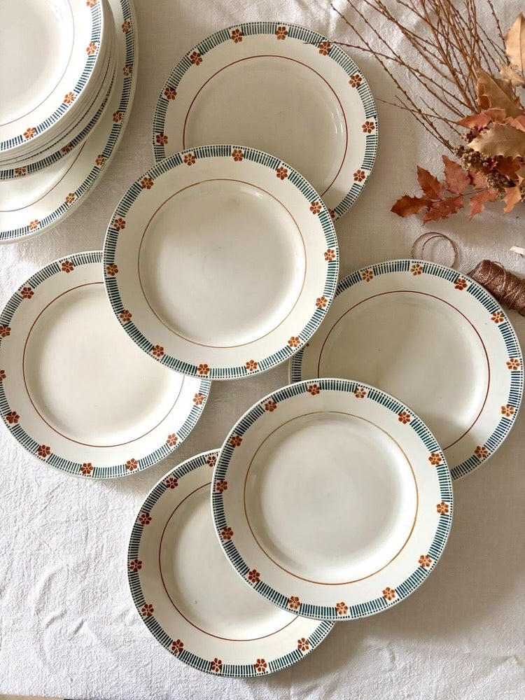 Antique French Ironstone Dinner Set, 14 Pieces, Saint-Amand Parame Pattern, Green & Ochre Floral Border, Plates, Cake Stand, Oval Platter