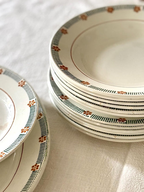 Antique French Ironstone Dinner Set, 14 Pieces, Saint-Amand Parame Pattern, Green & Ochre Floral Border, Plates, Cake Stand, Oval Platter
