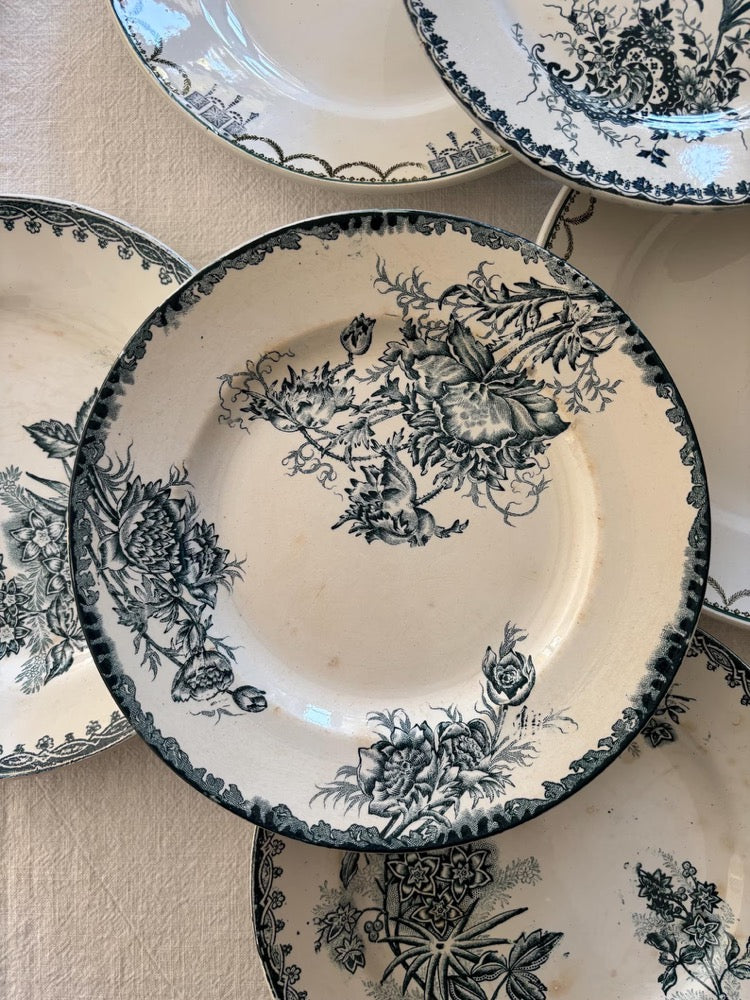 Set of 6 Antique French Ironstone Dinner Plates – Mismatched Green & Blue Floral Patterns, Saint-Amand, Sté Amandinoise