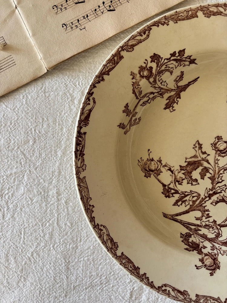 Superb old ironstone deep plate with plant frieze and floral decoration in the background, sepia color, Jules Vieillard Bordeaux