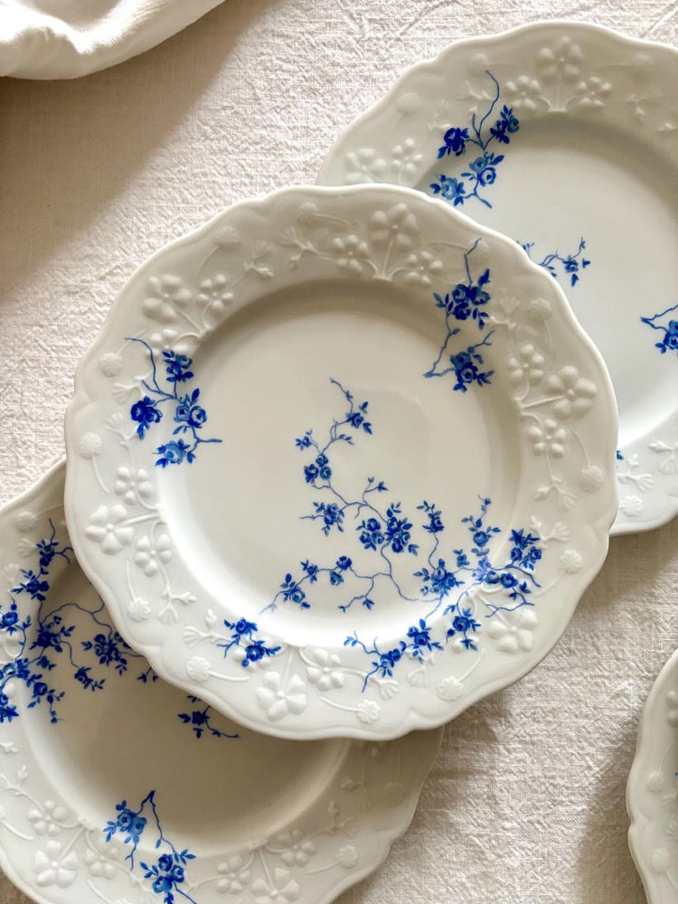 Set of 6 vintage porcelain dessert plates with raised blue floral motifs on a white background, Sologne Porcelain