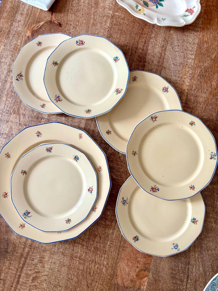Set of 6 dessert plates and 1 vintage platter with cut sides decorated with small multicolored bouquets around the edge, St Amand.
