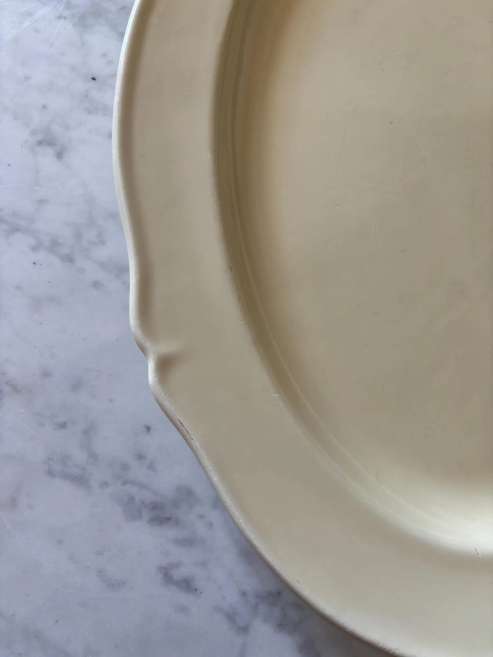 Antique French Gien oval serving platter, creamware ironstone dish, scalloped edge, farmhouse tableware.