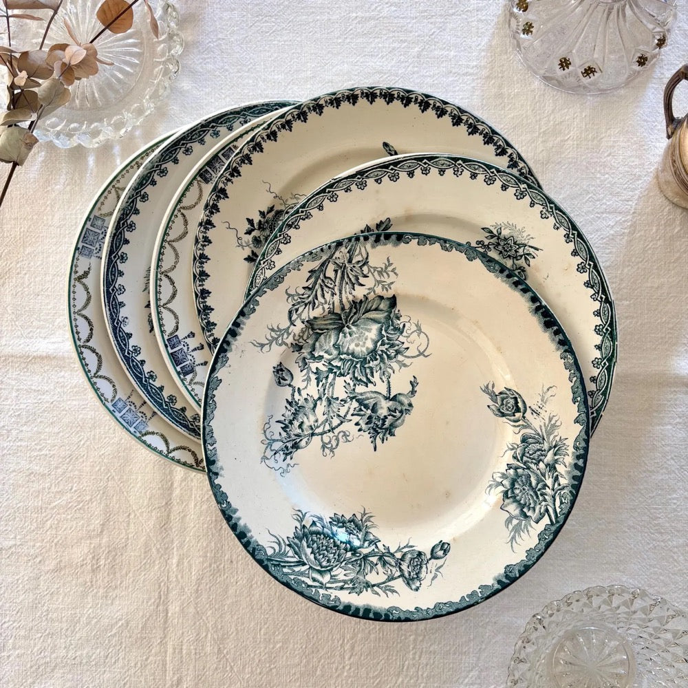 Set of 6 Antique French Ironstone Dinner Plates – Mismatched Green & Blue Floral Patterns, Saint-Amand, Sté Amandinoise