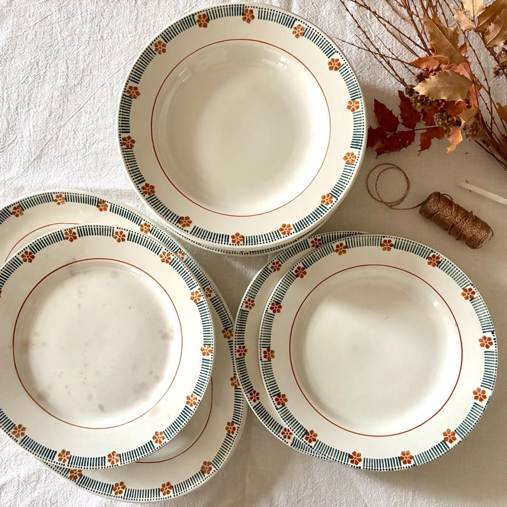 Antique French Ironstone Dinner Set, 14 Pieces, Saint-Amand Parame Pattern, Green & Ochre Floral Border, Plates, Cake Stand, Oval Platter