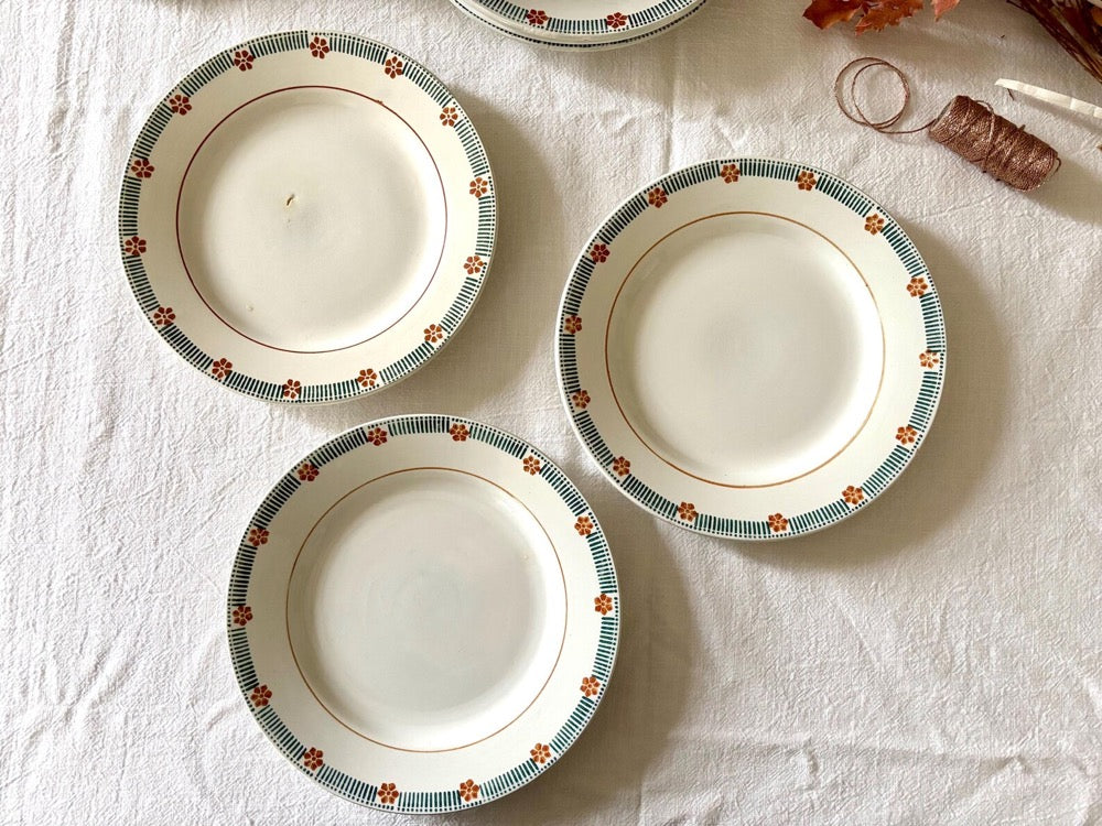 Antique French Ironstone Dinner Set, 14 Pieces, Saint-Amand Parame Pattern, Green & Ochre Floral Border, Plates, Cake Stand, Oval Platter