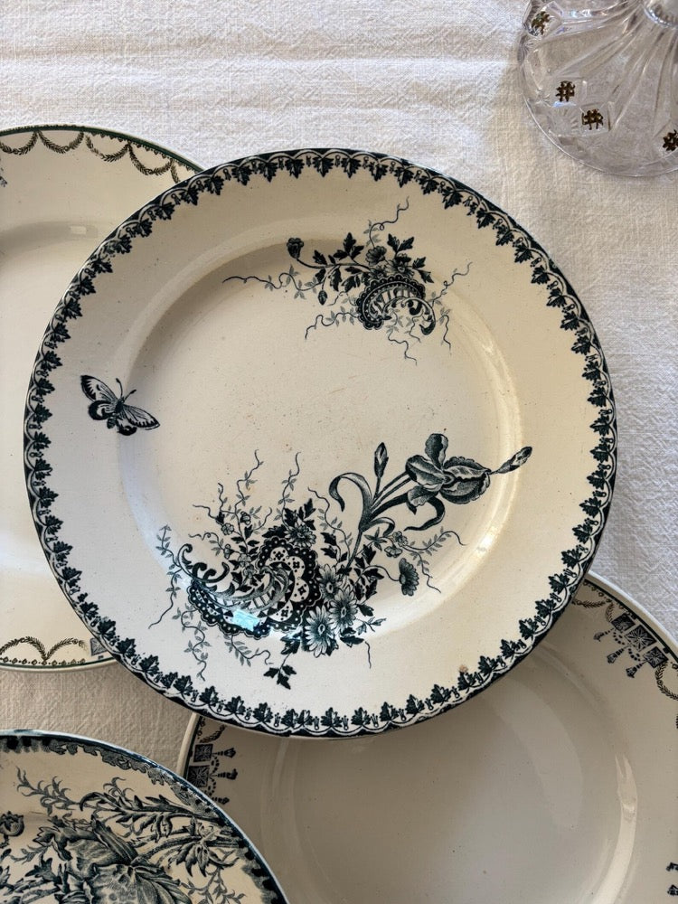 Set of 6 Antique French Ironstone Dinner Plates – Mismatched Green & Blue Floral Patterns, Saint-Amand, Sté Amandinoise
