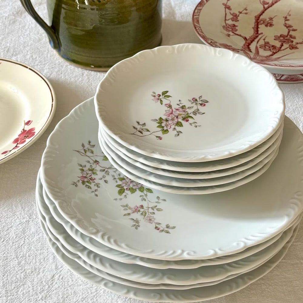 10 plates (5 dinner plates + 5 dessert or bread plates) in white porcelain with relief, pink floral decoration, Chartres porcelain