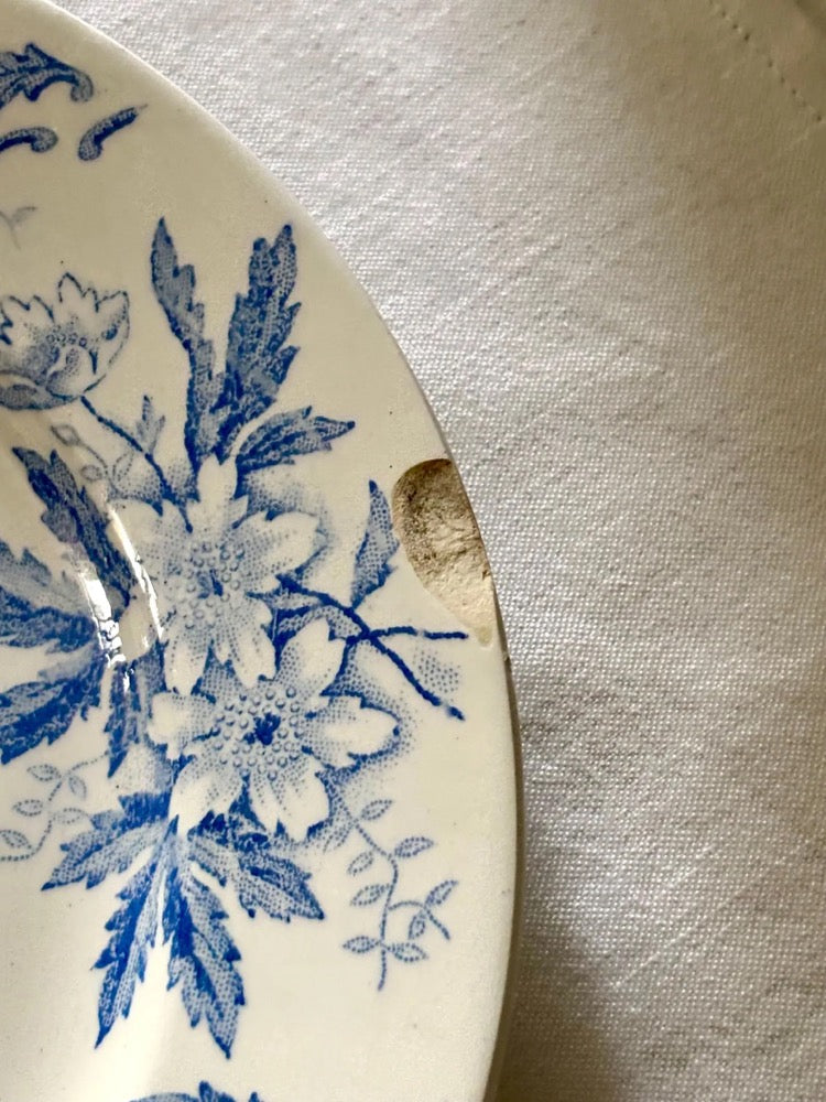 Set of Three Antique French Mismatched Terre de Fer Plates with Flaws – Blue & Sepia Transferware – Saint Amand, Sarreguemines, Gien