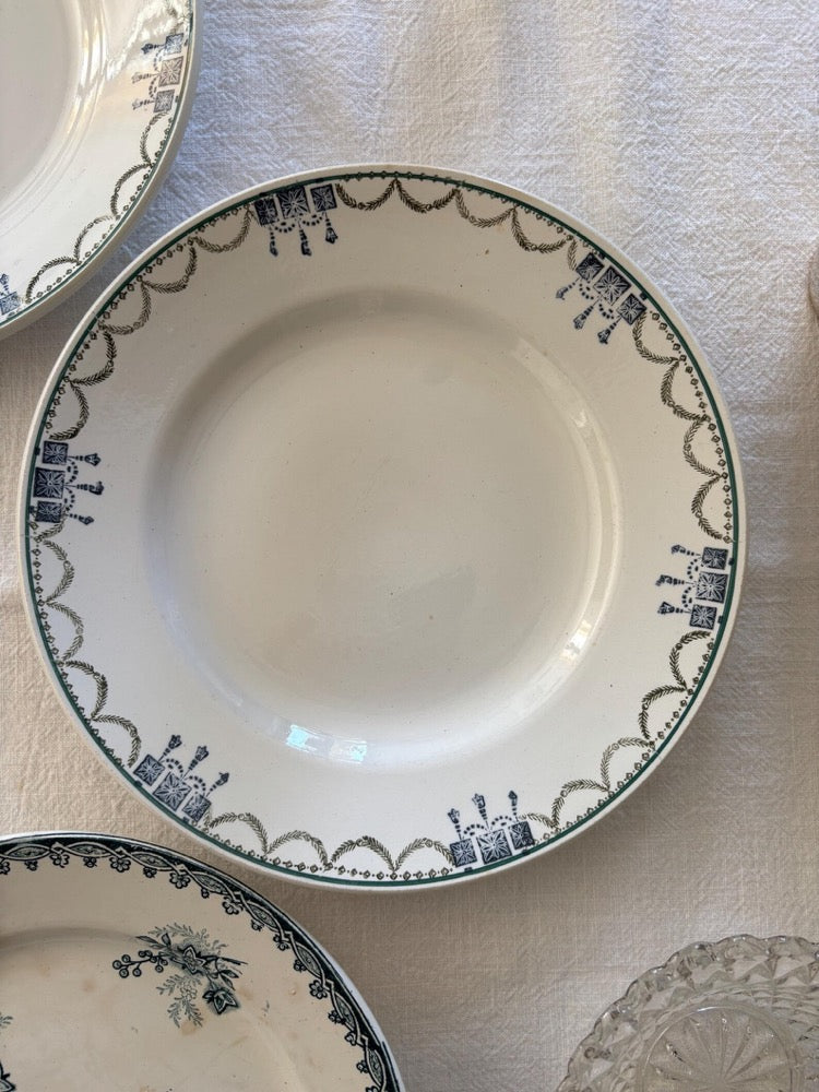 Set of 6 Antique French Ironstone Dinner Plates – Mismatched Green & Blue Floral Patterns, Saint-Amand, Sté Amandinoise
