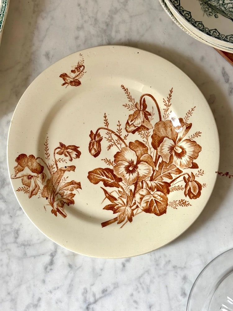 Antique French Terre de Fer Plate, Pansées Model, Sepia Transferware, Salins, Brown Floral on Ivory, 24 cm