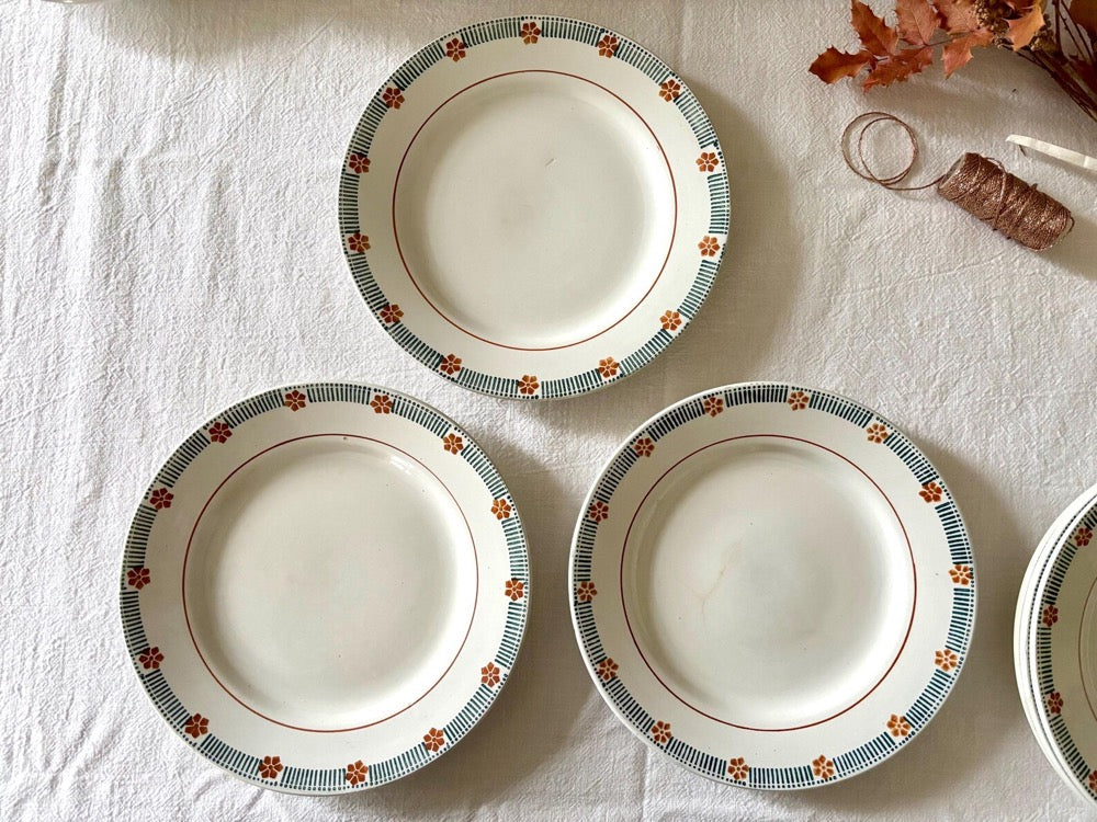 Antique French Ironstone Dinner Set, 14 Pieces, Saint-Amand Parame Pattern, Green & Ochre Floral Border, Plates, Cake Stand, Oval Platter