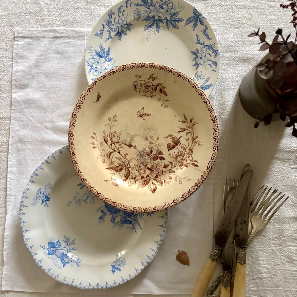 Set of Three Antique French Mismatched Terre de Fer Plates with Flaws – Blue & Sepia Transferware – Saint Amand, Sarreguemines, Gien