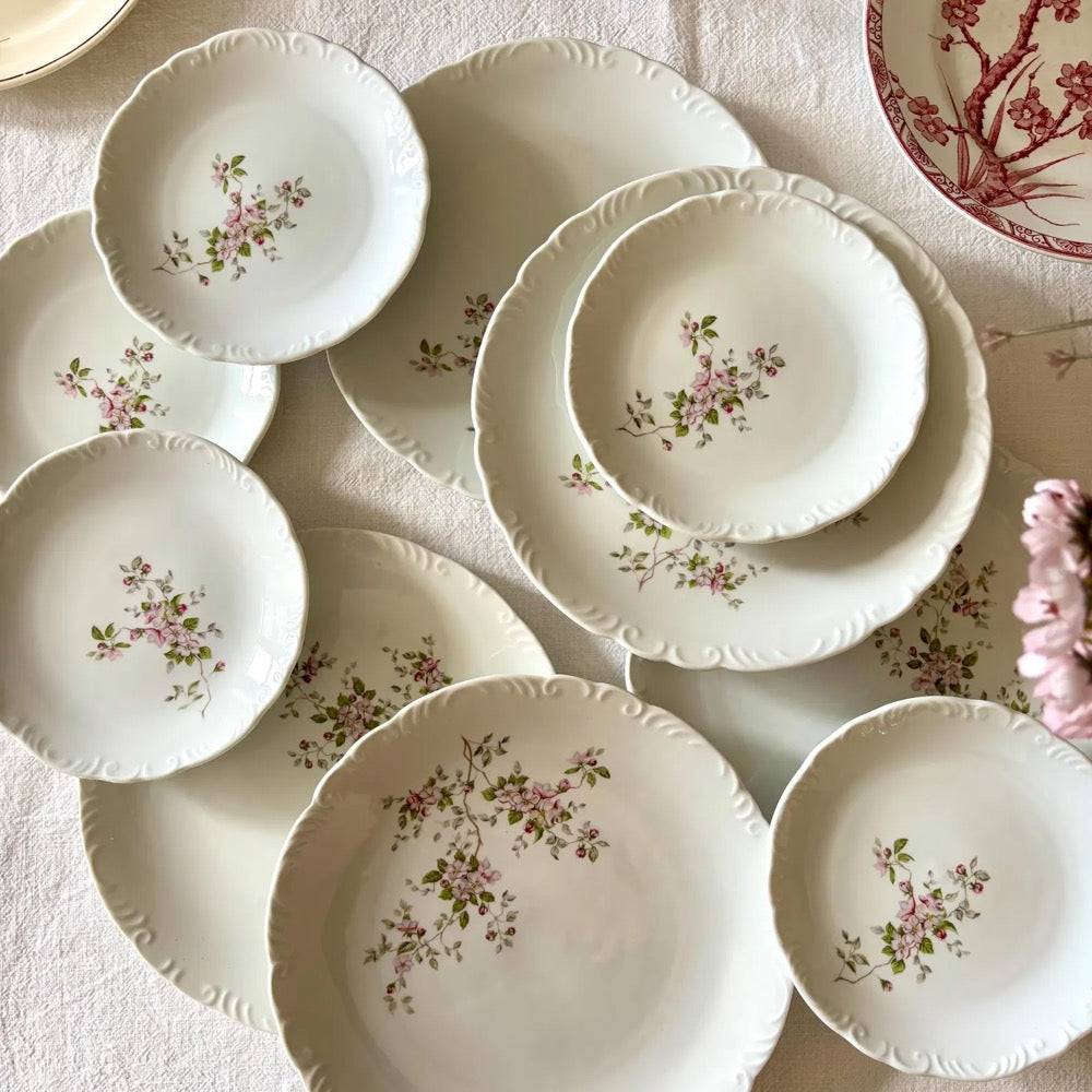 10 plates (5 dinner plates + 5 dessert or bread plates) in white porcelain with relief, pink floral decoration, Chartres porcelain