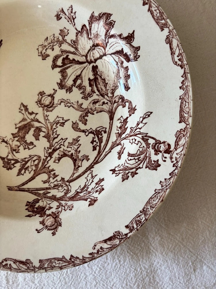Superb old ironstone deep plate with plant frieze and floral decoration in the background, sepia color, Jules Vieillard Bordeaux