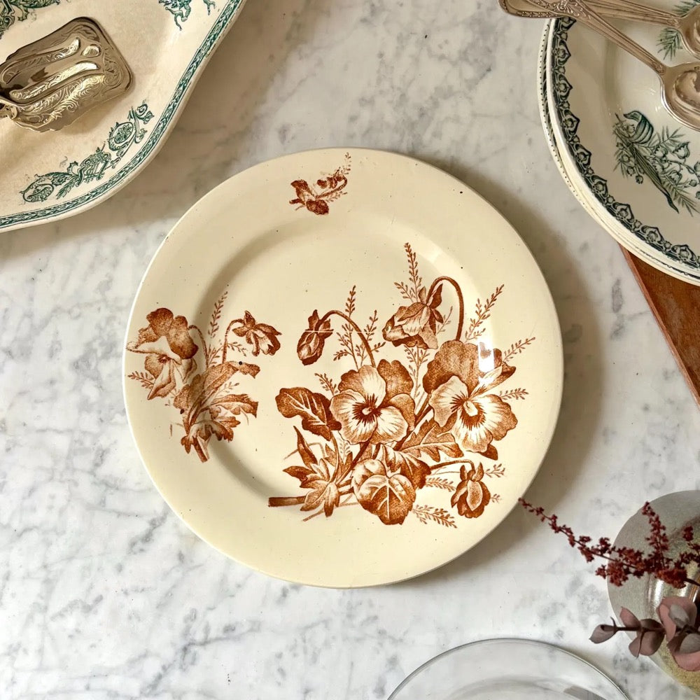 Antique French Terre de Fer Plate, Pansées Model, Sepia Transferware, Salins, Brown Floral on Ivory, 24 cm