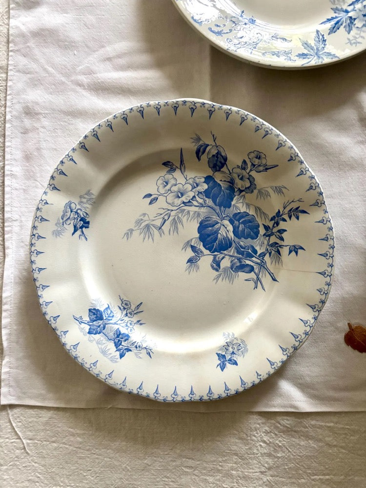 Set of Three Antique French Mismatched Terre de Fer Plates with Flaws – Blue & Sepia Transferware – Saint Amand, Sarreguemines, Gien