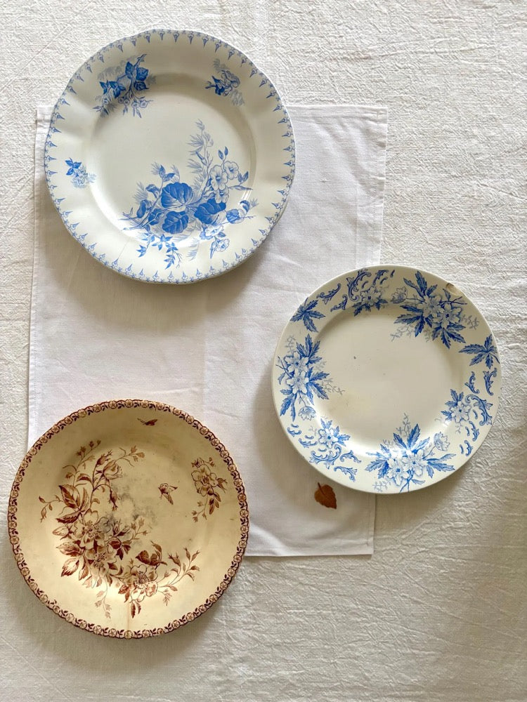 Set of Three Antique French Mismatched Terre de Fer Plates with Flaws – Blue & Sepia Transferware – Saint Amand, Sarreguemines, Gien