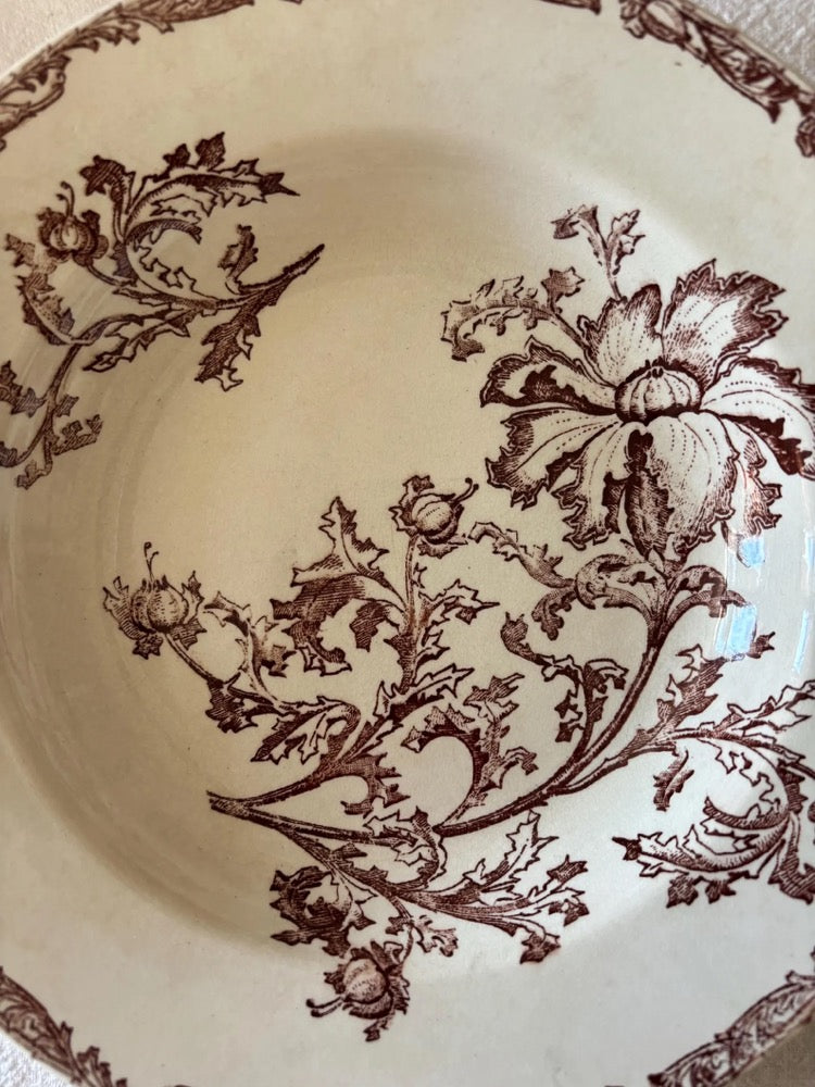 Superb old ironstone deep plate with plant frieze and floral decoration in the background, sepia color, Jules Vieillard Bordeaux