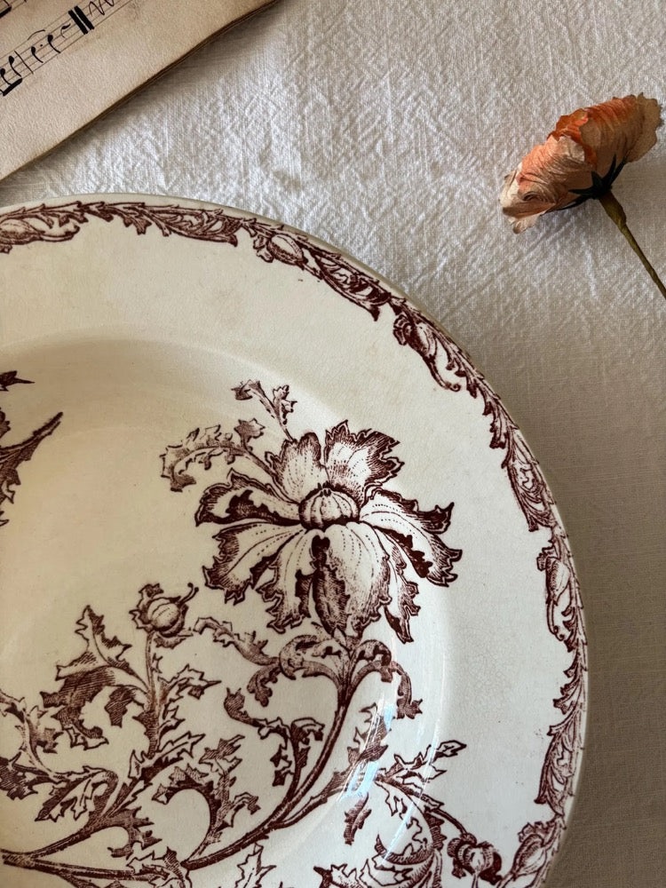Superb old ironstone deep plate with plant frieze and floral decoration in the background, sepia color, Jules Vieillard Bordeaux