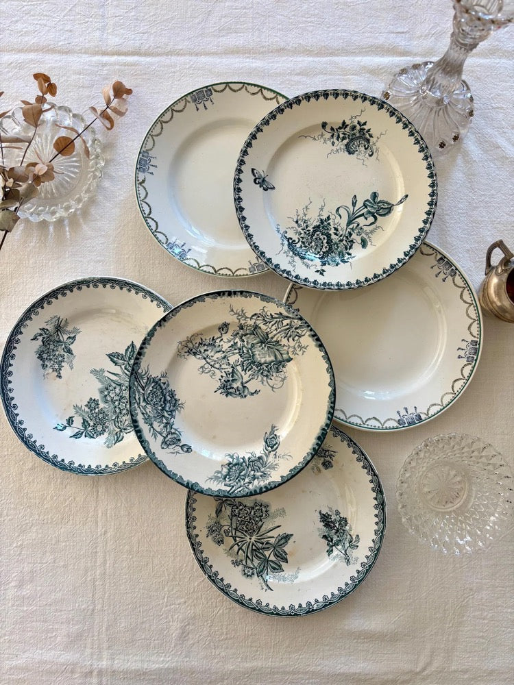 Set of 6 Antique French Ironstone Dinner Plates – Mismatched Green & Blue Floral Patterns, Saint-Amand, Sté Amandinoise